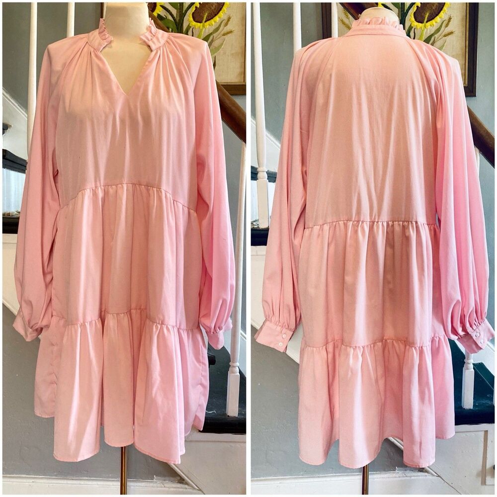 Modern 1970s-inspired Tiered Pink Trapeze Dress With Huge Poet Sleeves Vintage